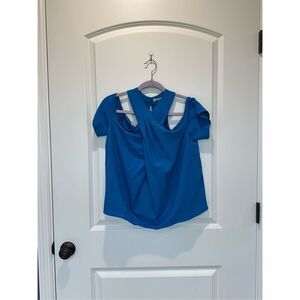 RACHEL Rachel Roy Blue Cross Neck Cold Shoulder Top Size 10